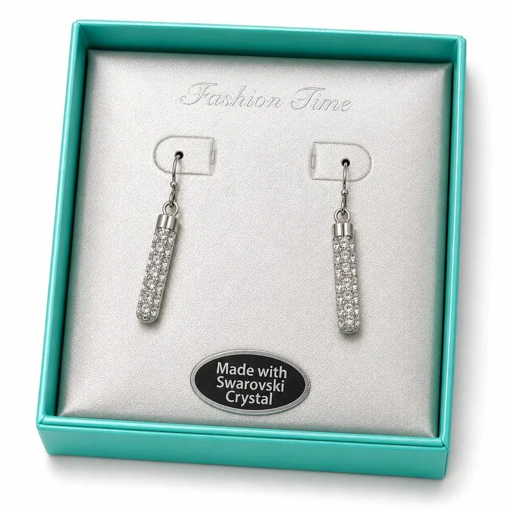 Swarovski Crystal Linear Bar Drop Earrings Silver Tone Dangle With Box